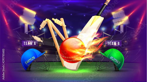 Cricket competition poster with illustration of cricket attire helmets, bats, wickets and ball in fire on night stadium background.