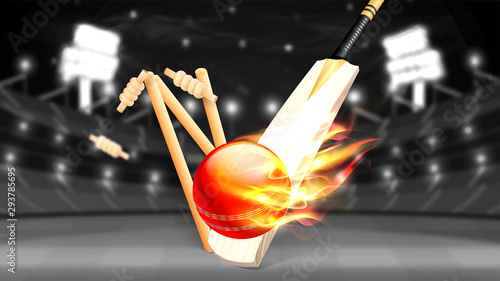 Cricket bat, stumps and ball in fire on night stadium background.