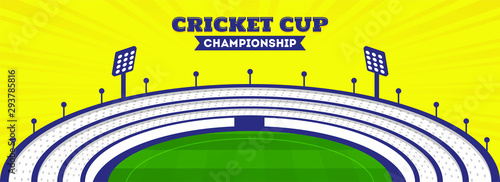 Cricket cup championship header or banner design with cricket stadium view.