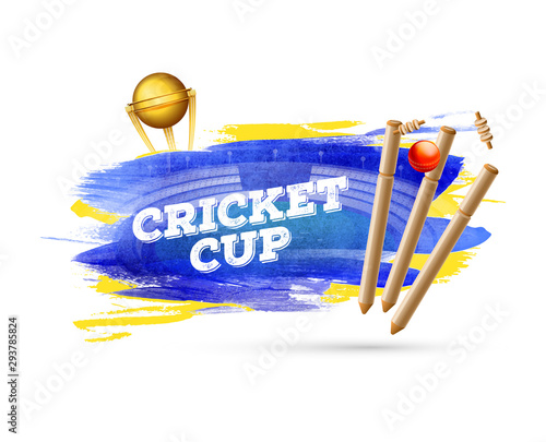 Poster or template design with illustration of cricket equipments and winner trophy on brush stroke white background for Cricket Championship concept.
