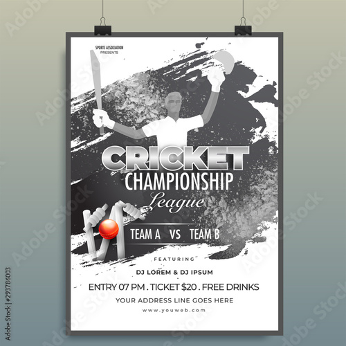 Cricket championship template design, match participating Team A and Team B with time and venue details on white grunge background.