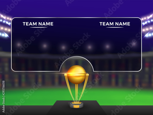 Glossy golden winning trophy on night stadium background with space for participants team name.