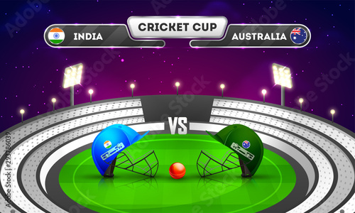 Cricket tournament, India vs Australia match banner design, cricket attire helmets with winning trophy on night stadium background.