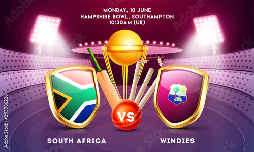 South Africa vs Windies cricket match poster design with countries flag shields, champion trophy, cricket bat and ball on night stadium view background. photo