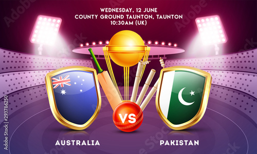 Cricket tournament participant country Australia vs Pakistan with illustration of champion trophy, cricket bat and ball on night stadium view background.