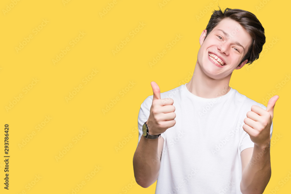 Young handsome man wearing casual white t-shirt over isolated background success sign doing positive gesture with hand, thumbs up smiling and happy. Looking at the camera with cheerful expression Young handsome man wearing casual white t-shirt over isolated background success sign doing positive gesture with hand, thumbs up smiling and happy. Looking at the camera with cheerful expression