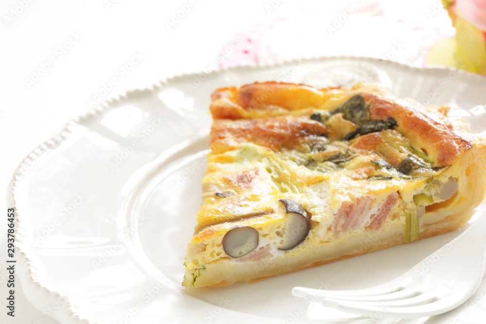 French food, Piece of shimeji mushroom and bacon quiche French food, Piece of shimeji mushroom and bacon quiche