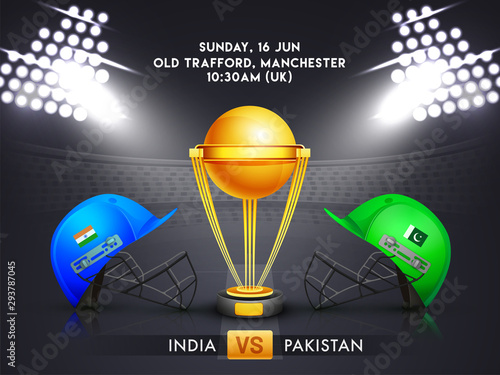 Vector illustration of shiny golden champion trophy with competitive teams India and Pakistan cricket attire helmet on night view stadium background.