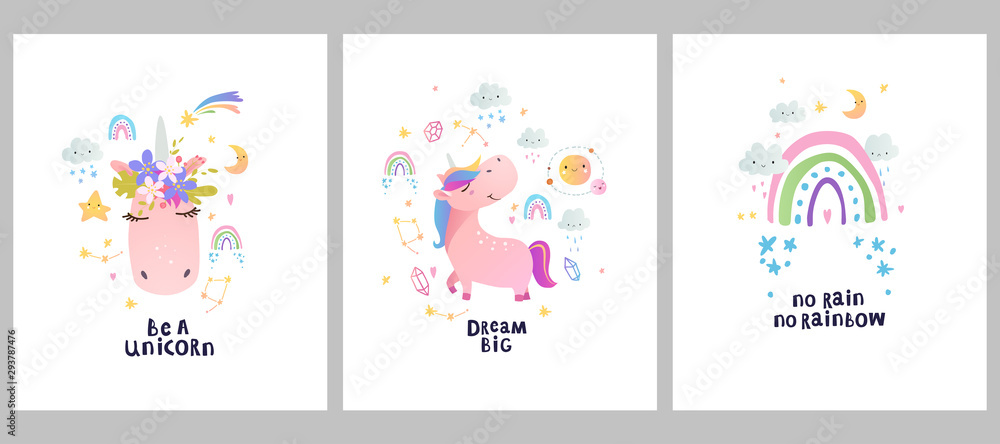Set of nursery posters with funny unicorns