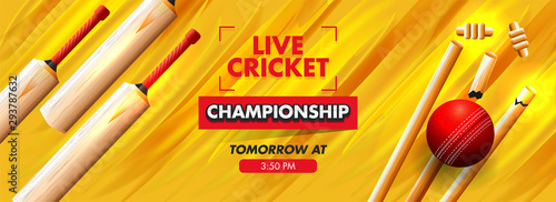 3D illustration of bat with ball and wicket stumps on glossy yellow texture background for Cricket Championship header or banner design.