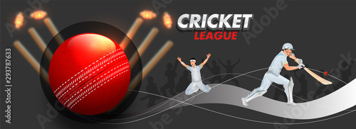 Cricket League header or banner design with illustration of cricket players in playing pose and cricket equipment on black background.