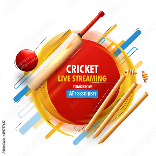 Live Streaming Cricket banner or poster design with cricket equipments and abstract elements on white background.