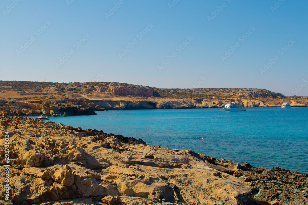 Beautiful landscape near of Cavo Greco in Ayia Napa, Cyprus island, Mediterranean Sea. Amazing blue green sea and sunny day. Horizontal