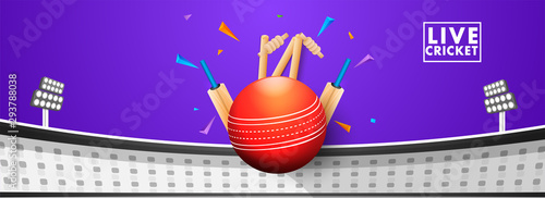 Live cricket header or banner design with illustration of bats and ball on stadium view background.