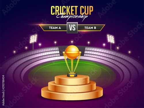 Golden Winning Trophy on night stadium light background with VS concept poster or flyer for Cricket Cup Championship.