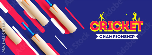 Website header banner or poster design of Cricket Championship with abstract cricket bat on blue background.
