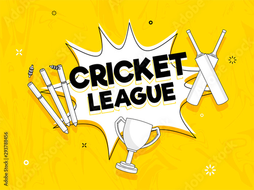 Cricket League poster or flyer with winning trophy, wicket and bat on pop art explosion sport concept.