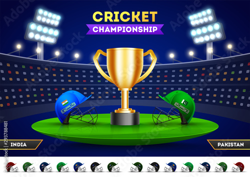 Cricket Championship poster or flyer with match between india and pakistan with cricket helmets facing each other and winning trophy in stadium background.