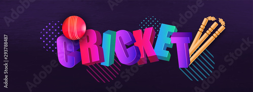 3D text with abstract purple background for Cricket Match header poster or banner design with wicket and ball equipment.
