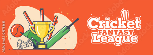 Retro style Cricket League header banner or poster design with cricket equipment and winning trophy on orange background.