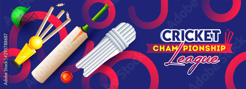 Website Header banner or poster design of Cricket Championship League with abstract cricket equipment on blue background.