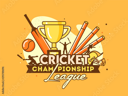 Retro style Cricket championship League banner or poster design with cricket equipment and winning trophy on yellow background.