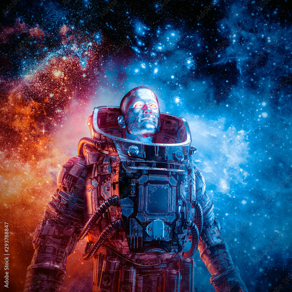 Between new frontiers / 3D illustration of science fiction scene with heroic robotic astronaut surrounded by glowing galaxies in outer space Between new frontiers / 3D illustration of science fiction scene with heroic robotic astronaut surrounded by glowing galaxies in outer space