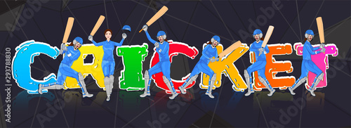 Colorful Text of Cricket with illustration of female cricket player in different playing pose for header banner or poster design.