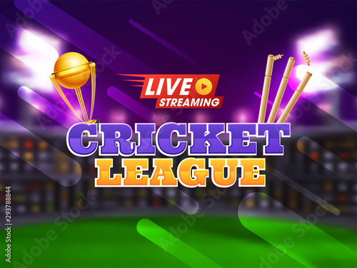 Cricket Stadium night light view background with winning trophy and stump for Live Cricket League banner or poster design.