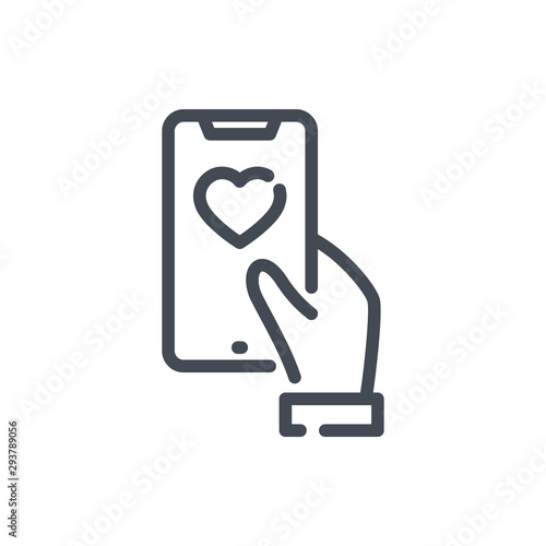 Mobile healthcare application line icon. Hand hold mobile phone with a heart on the screen vector outline sign.