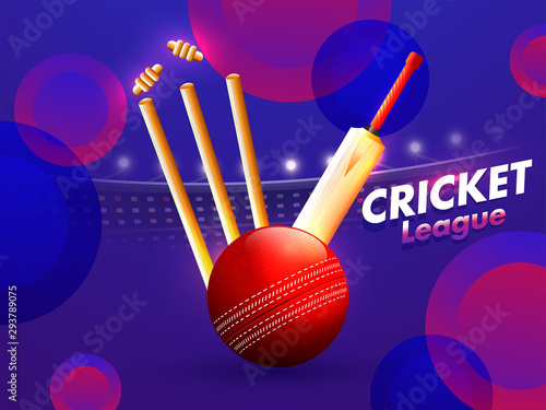 Banner or poster design of Cricket Championship League with illustration of realistic red glossy ball, bat and stump on abstract purple background.