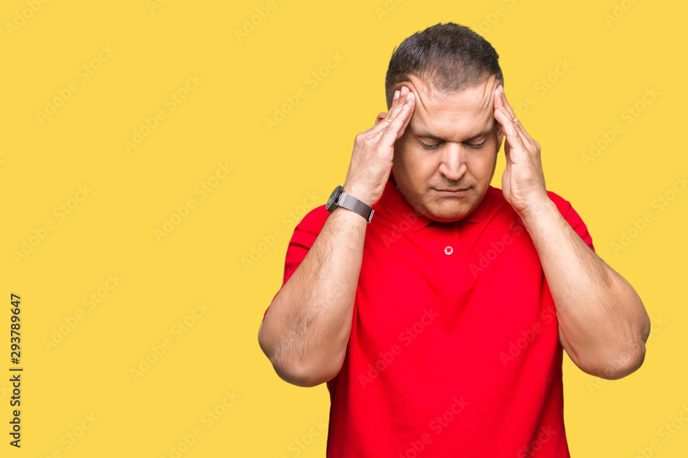 Middle age arab man over isolated background with hand on head for pain in head because stress. Suffering migraine. Middle age arab man over isolated background with hand on head for pain in head because stress. Suffering migraine.