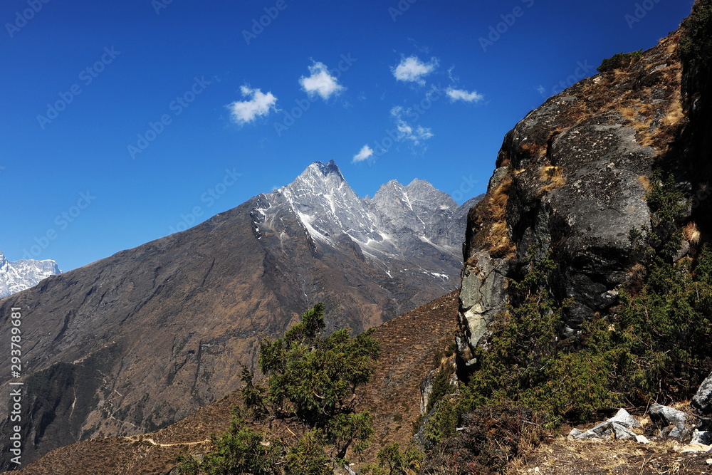 Himalayan mountains. Trekking to Everest. The tops of the mountains are covered with snow.