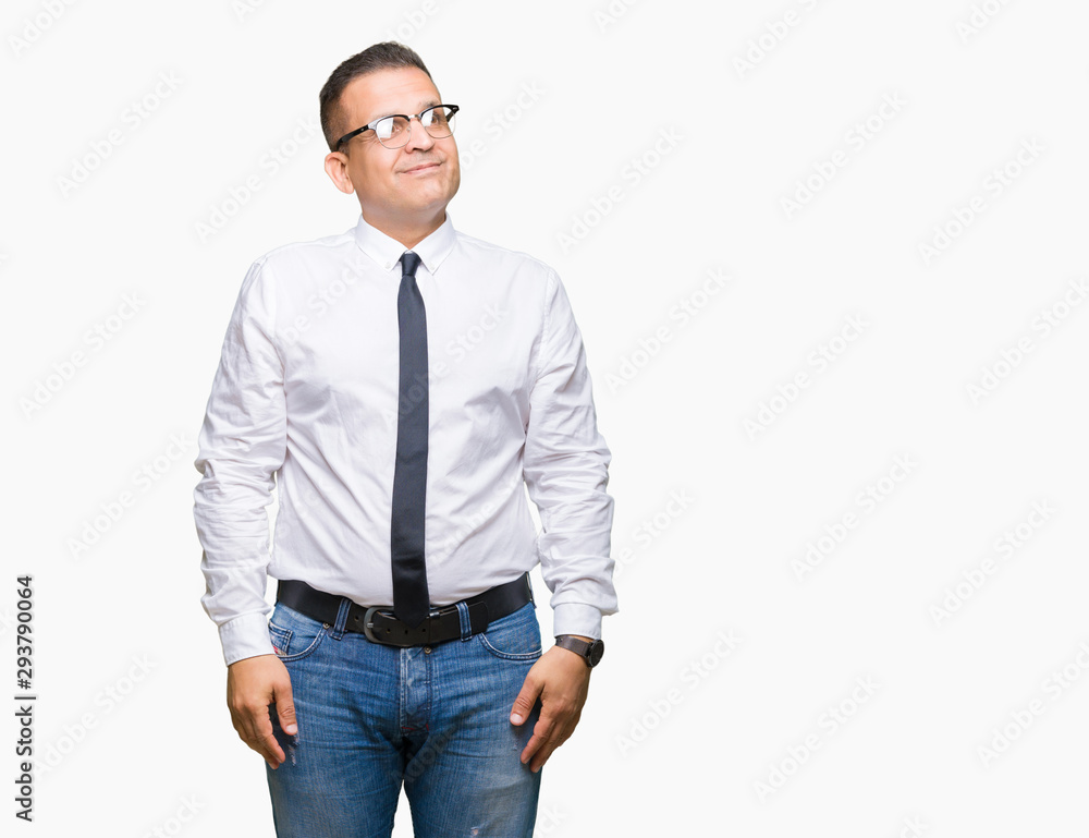 Middle age bussines arab man wearing glasses over isolated background smiling looking side and staring away thinking. Middle age bussines arab man wearing glasses over isolated background smiling looking side and staring away thinking.