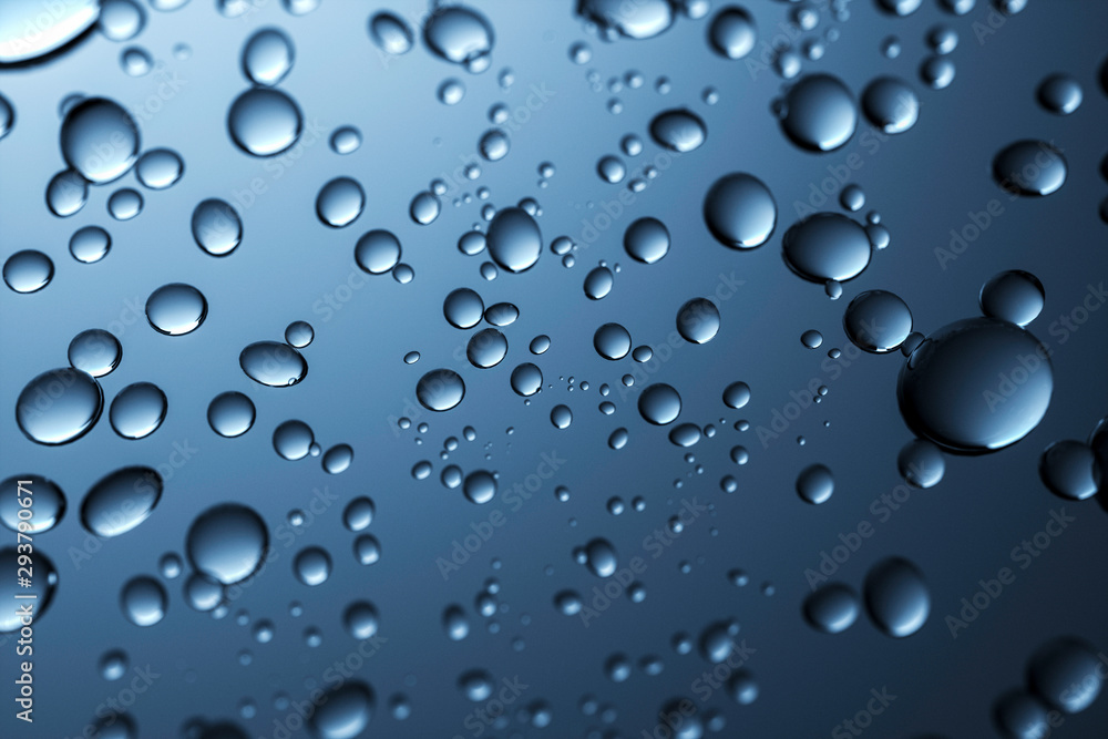 Close up Water droplets on a translucent black glass background with gradient