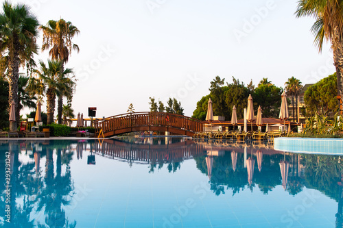View to a pool. Early morning. Summer. Kemer, Turkey.