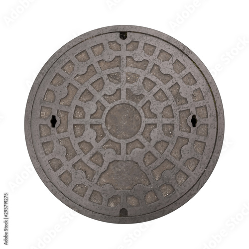 Rusty manhole cap, grunge manhole cover, round, isolated on white background with clipping path.
