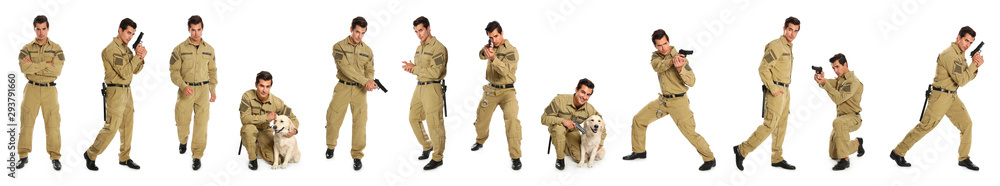 Fototapeta premium Collage of male security guard on white background