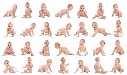 Cute little baby crawling on white background