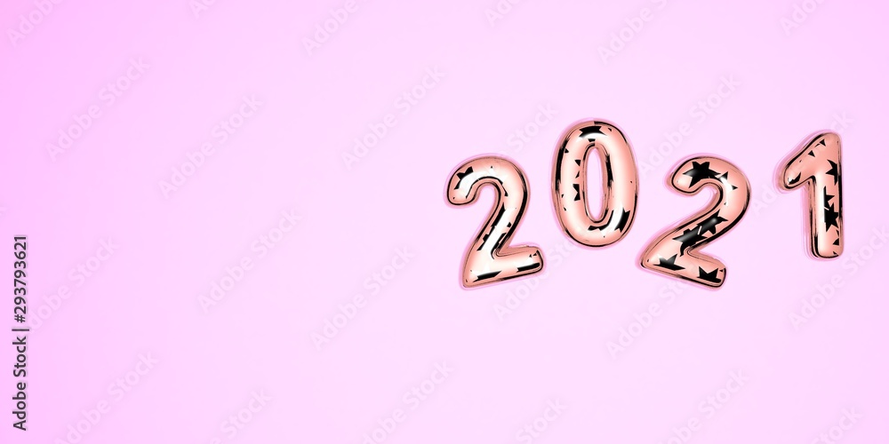 Happy New Year 2021. 3D festive illustration of pink colored glass numbers and silver stars on a pink background of numbers 2021. Realistic 3d sign. Holiday poster or banner design. Happy New Year 2021. 3D festive illustration of pink colored glass numbers and silver stars on a pink background of numbers 2021. Realistic 3d sign. Holiday poster or banner design.