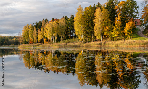 wonderful autumn landscape with gorgeous and colorful trees by the water, beautiful reflections in the water