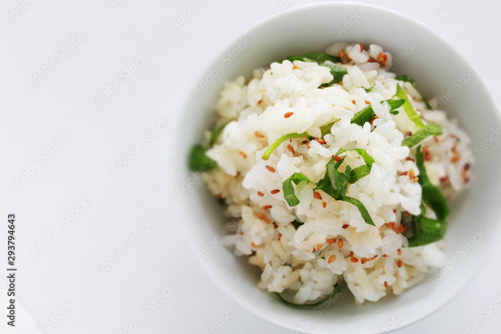 Japanese food, shirasu sardine fish and herbal shiso mixed sesame rice Japanese food, shirasu sardine fish and herbal shiso mixed sesame rice