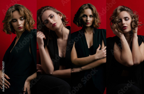 Collage of shots with lovely girl posing on red background