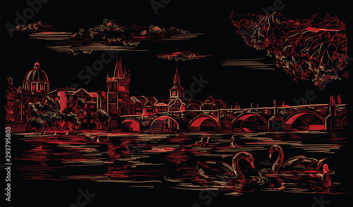 Red vector hand drawing Prague 8
