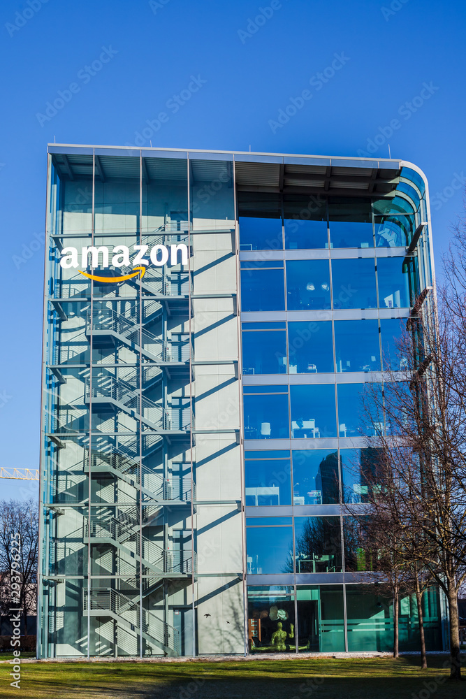 Amazon Digital Germany Gmbh 3 99 Amazon logo at office building, Munich Germany Photos | Adobe Stock
