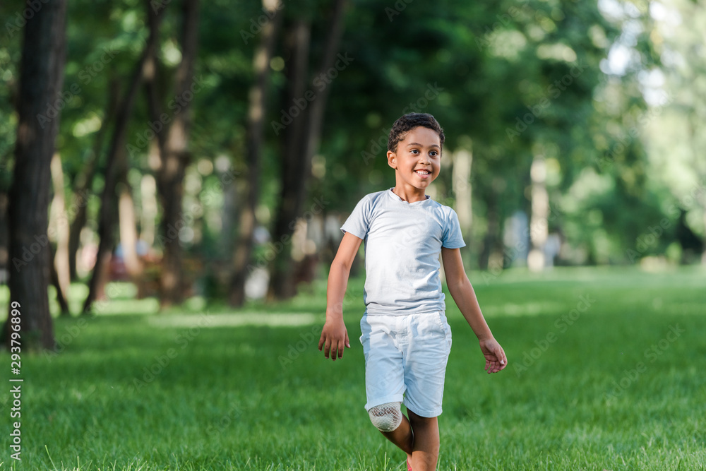 cheerful african american boy on green grass in park cheerful african american boy on green grass in park