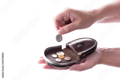 Hand with wallet isolated on white background.