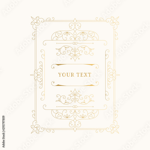 Vector golden frame with ornate borders. Design for wedding, menu, alcohol label. Gold foil isolated illustration.