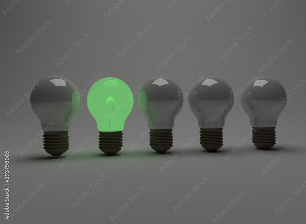 Line of dull light bulbs with one illuminated in middle Line of dull light bulbs with one illuminated in middle