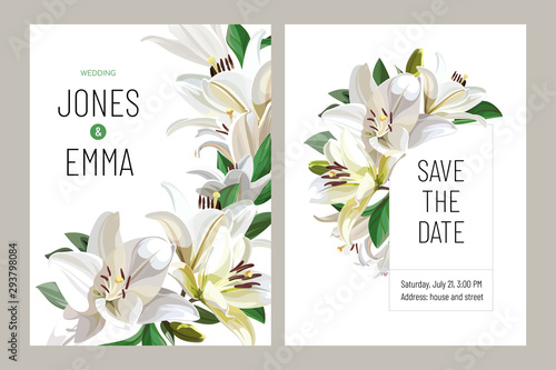 Floral wedding invitation card template design. Light Lilies on white background.